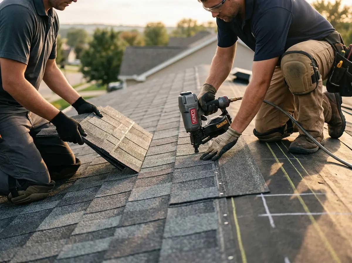 Professional roofer working on a residential roof in Lebanon